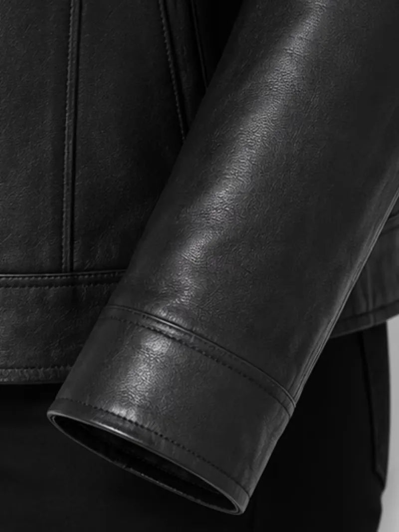 Women's black sheepskin leather shirt jacket, full length