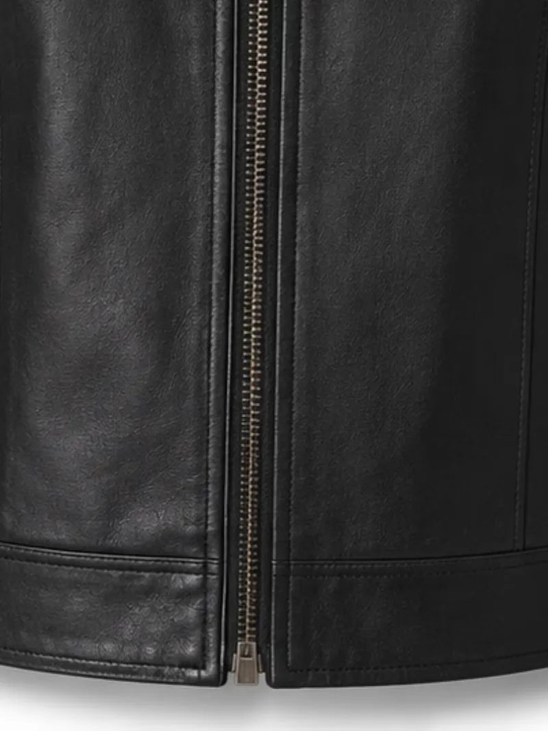 Women's black sheepskin leather shirt jacket, lining detail