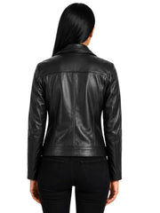 Women's black sheepskin leather shirt jacket, side view
