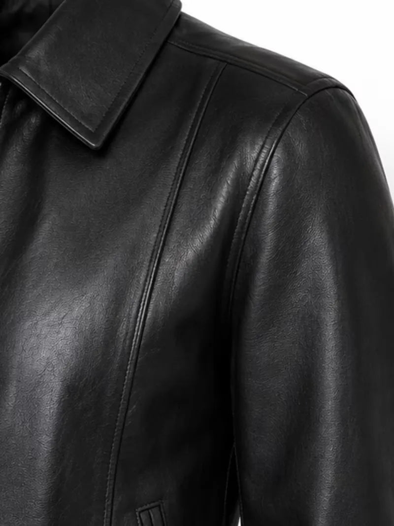 Women's black sheepskin leather shirt jacket, pocket detail