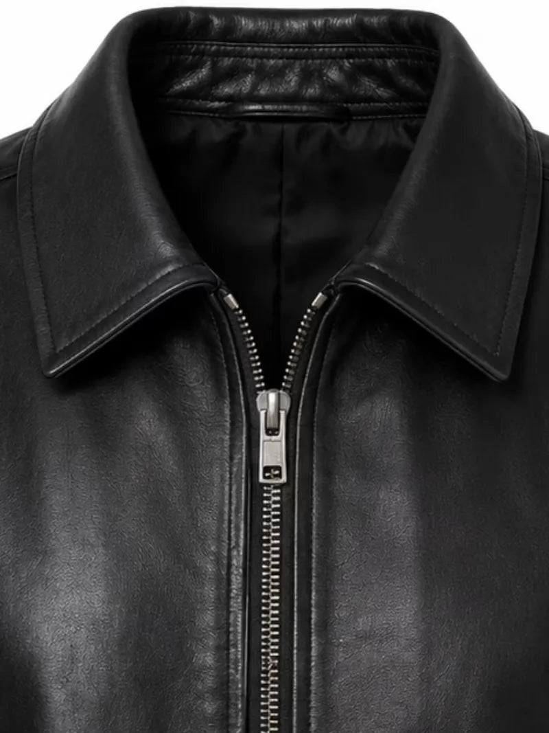 Women's black sheepskin leather shirt jacket, cuff detail