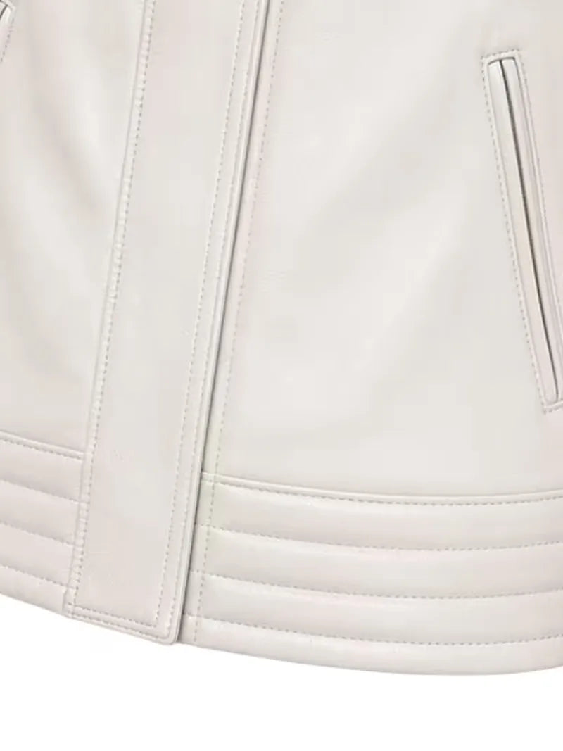 Women's black sheepskin collarless leather jacket, zip and closure detail