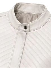 Women's black sheepskin collarless leather jacket, side view
