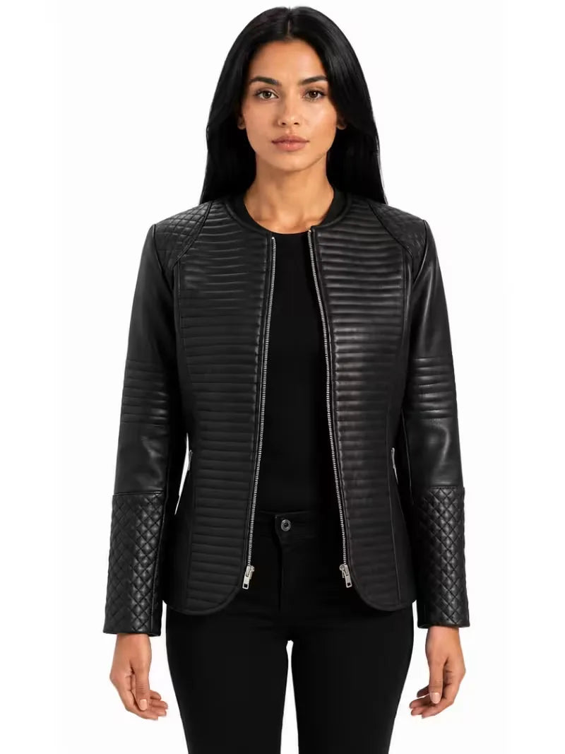 Women's black sheepskin collarless leather jacket, front view