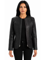 Women's black sheepskin collarless leather jacket, front view