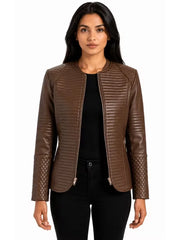 Women's black sheepskin collarless leather jacket, side view