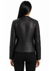 Women's black sheepskin collarless leather jacket, back view