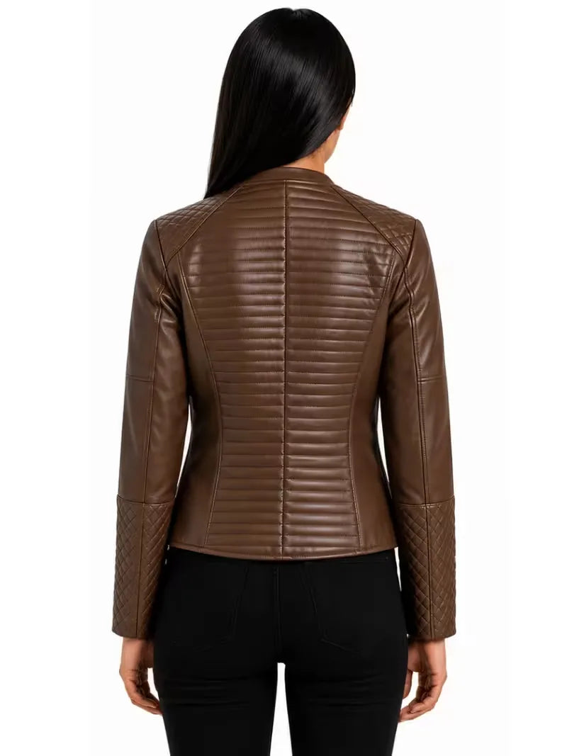 Women's black sheepskin collarless leather jacket, collar detail