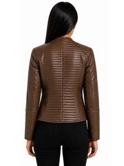 Women's black sheepskin collarless leather jacket, collar detail