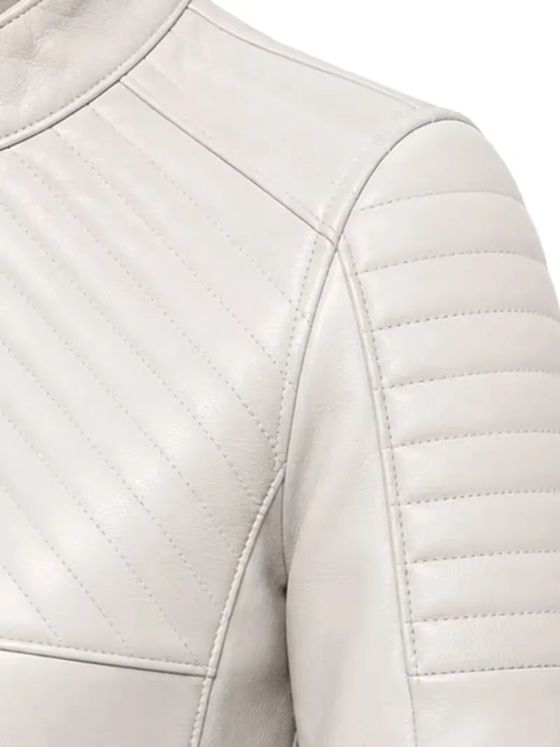 Women's black sheepskin collarless leather jacket, collar detail