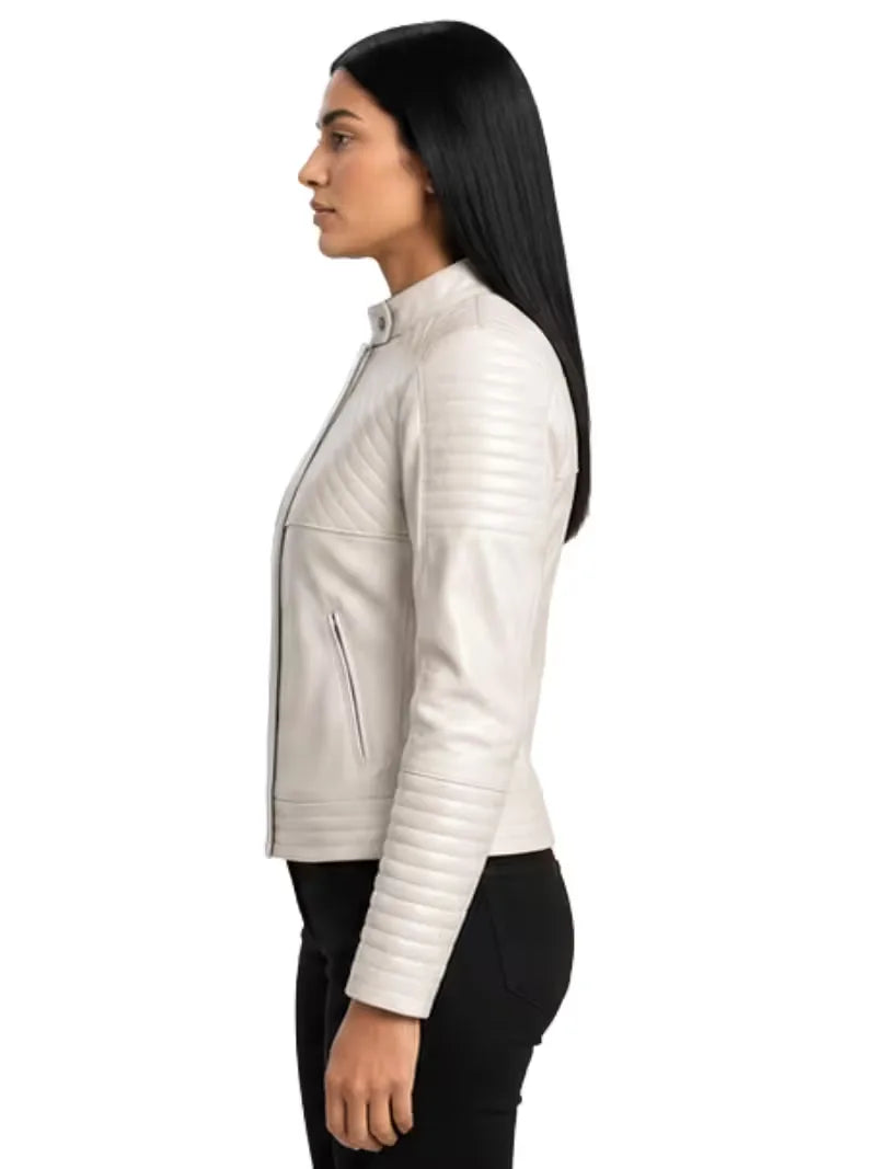 Women's black sheepskin collarless leather jacket, lining detail
