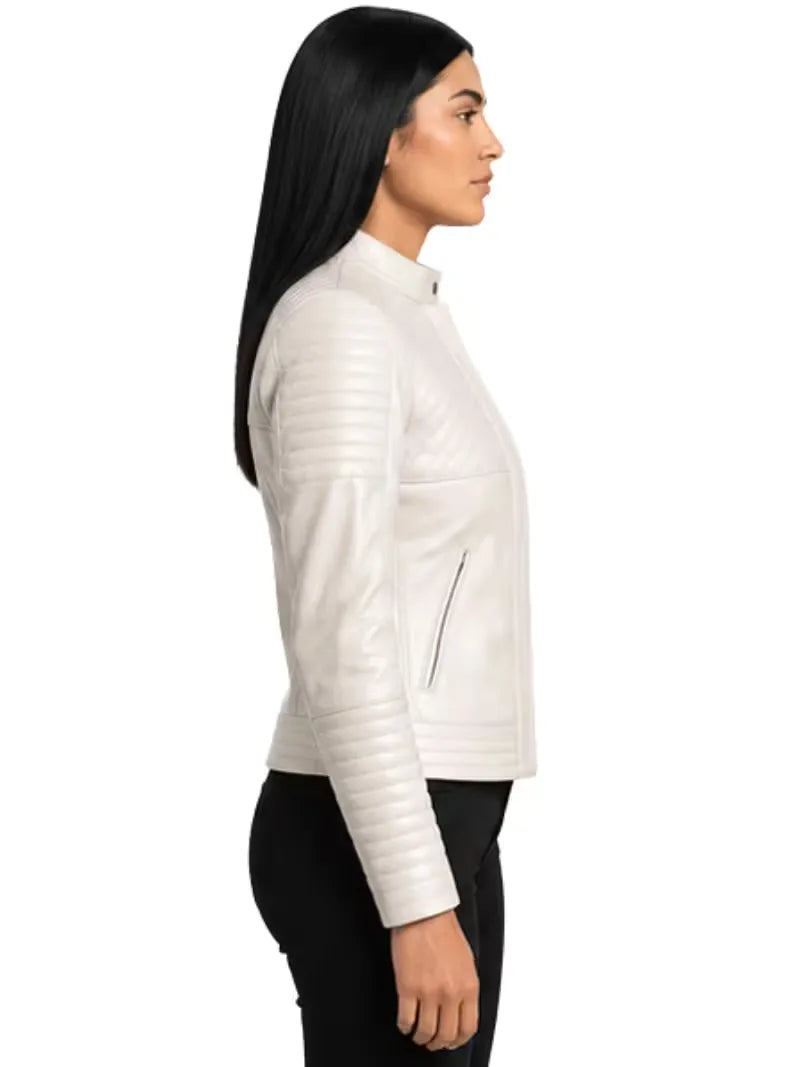 Women's black sheepskin collarless leather jacket, pocket detail