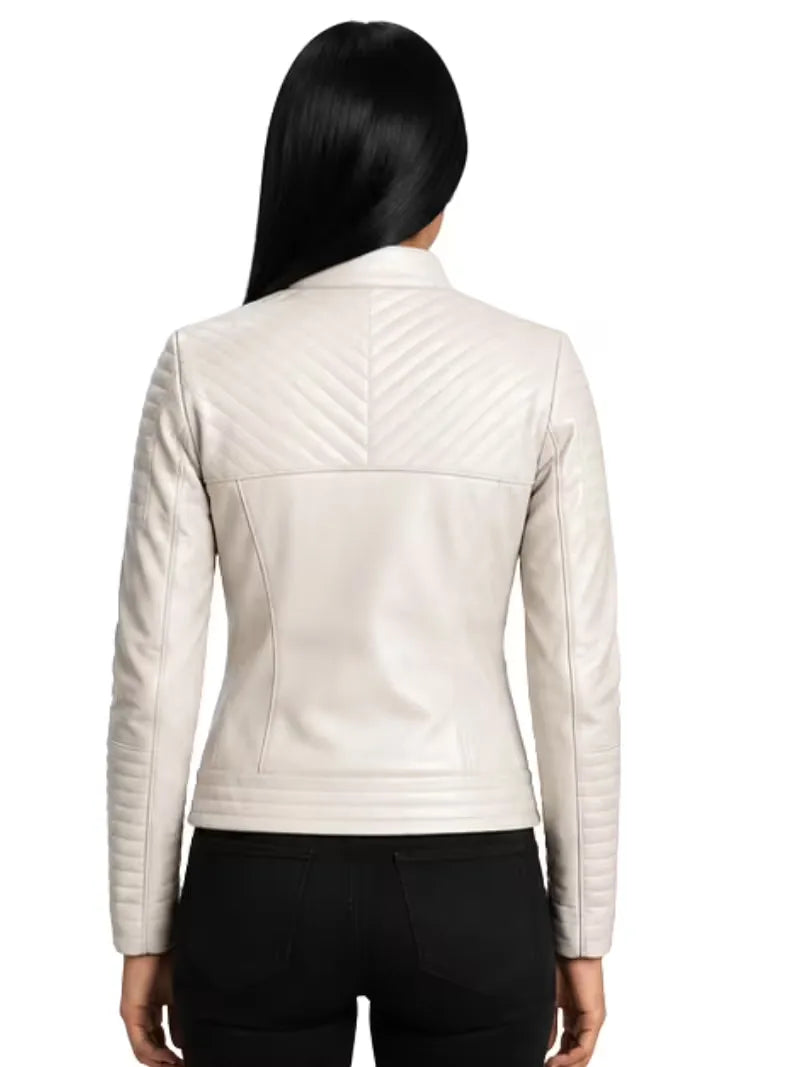 Women's black sheepskin collarless leather jacket, back view