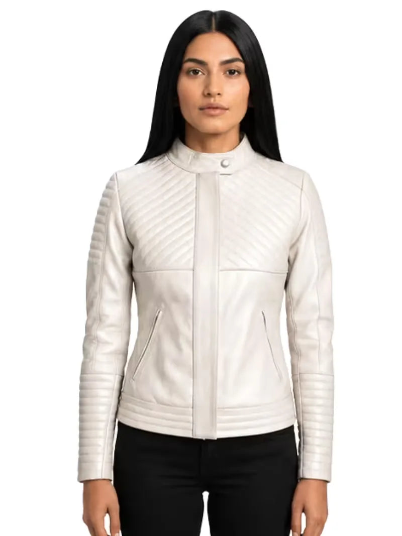 Women's black sheepskin collarless leather jacket, front view