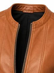 Women's tan sheepskin collarless leather jacket, side view