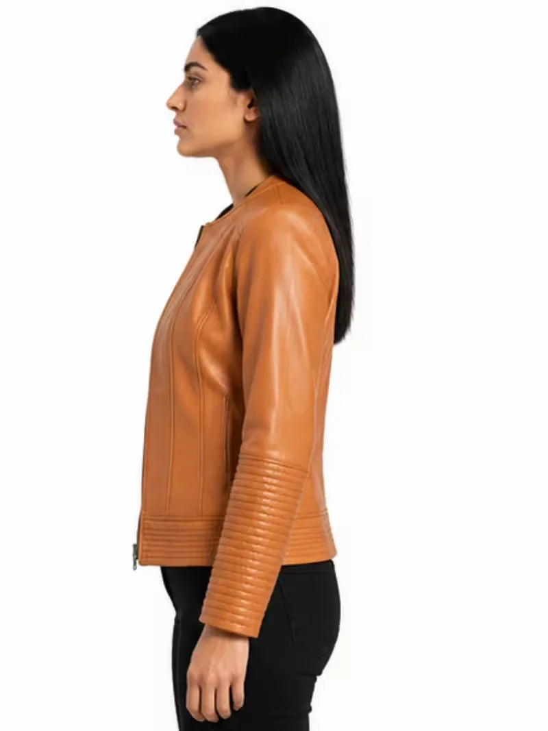 Women's tan sheepskin collarless leather jacket, lining detail