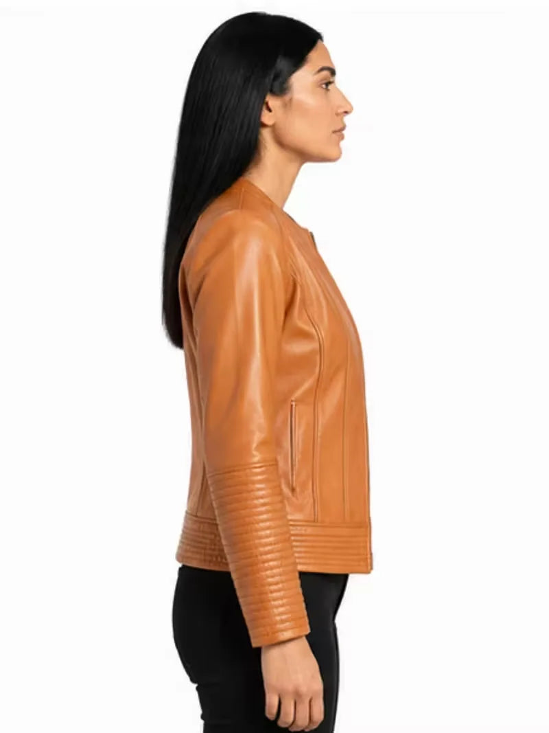 Women's tan sheepskin collarless leather jacket, pocket detail