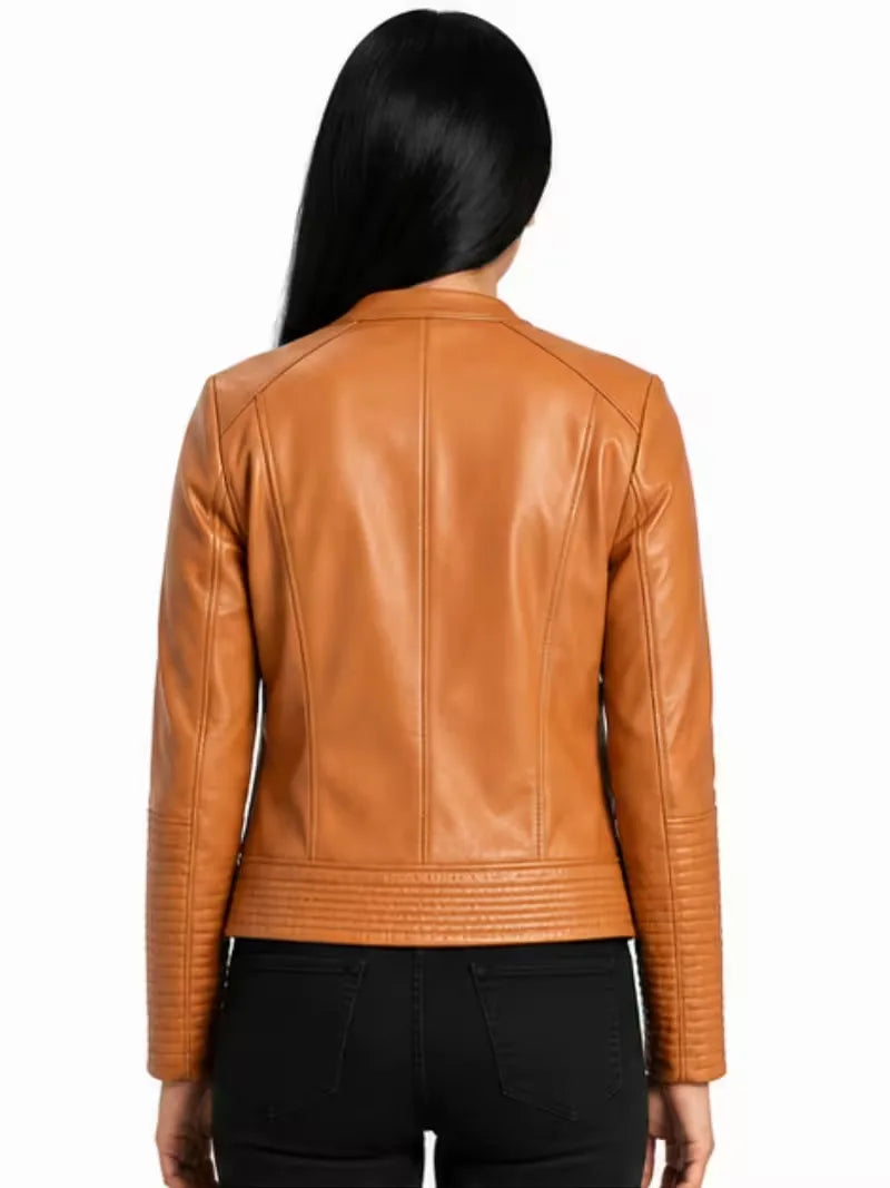 Women's tan sheepskin collarless leather jacket, back view