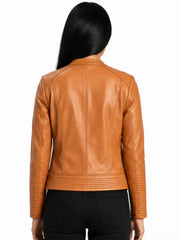 Women's tan sheepskin collarless leather jacket, back view