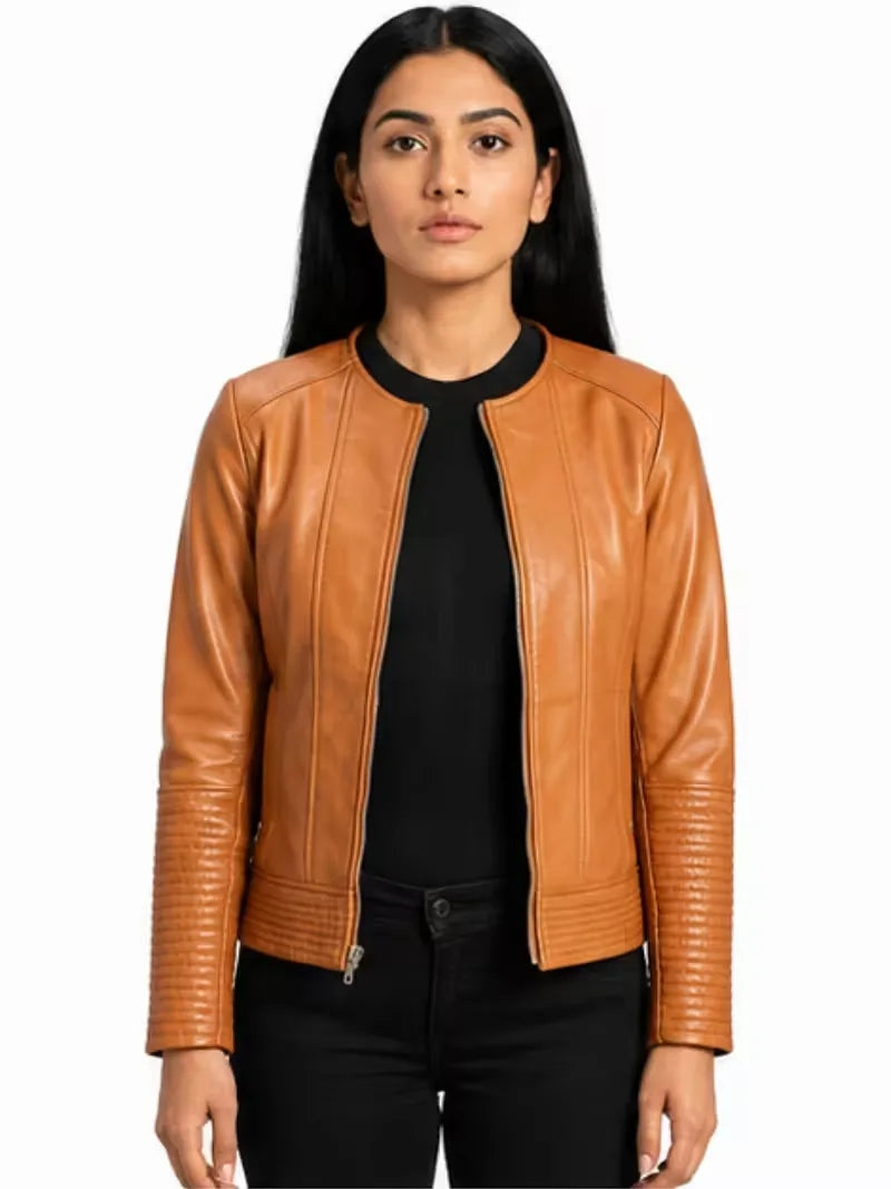 Women's tan sheepskin collarless leather jacket, front view