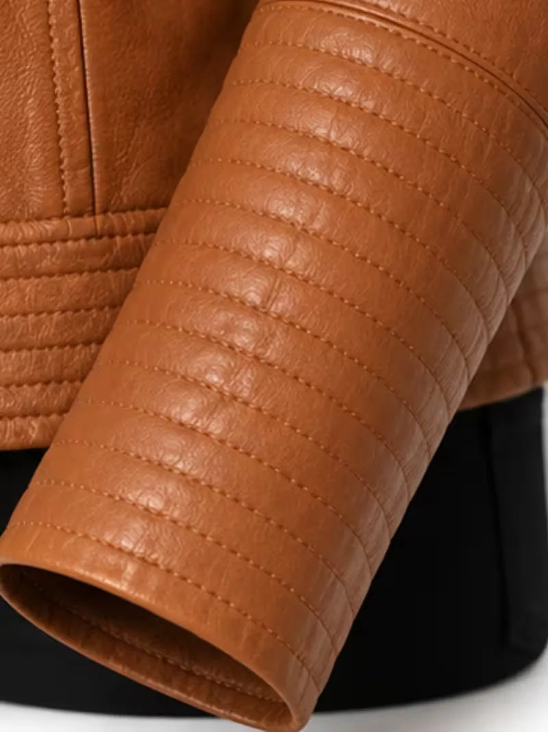 Women's tan sheepskin collarless leather jacket, cuff detail