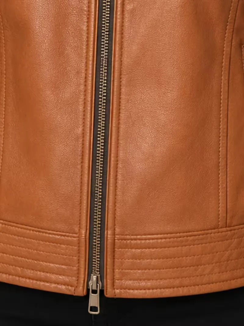 Women's tan sheepskin collarless leather jacket, zip and closure detail