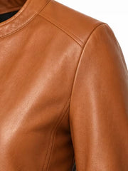 Women's tan sheepskin collarless leather jacket, collar detail