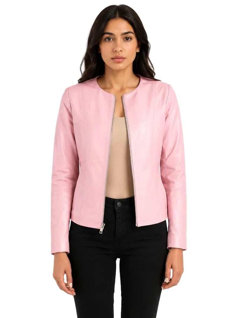 Women's white sheepskin collarless leather jacket, full length