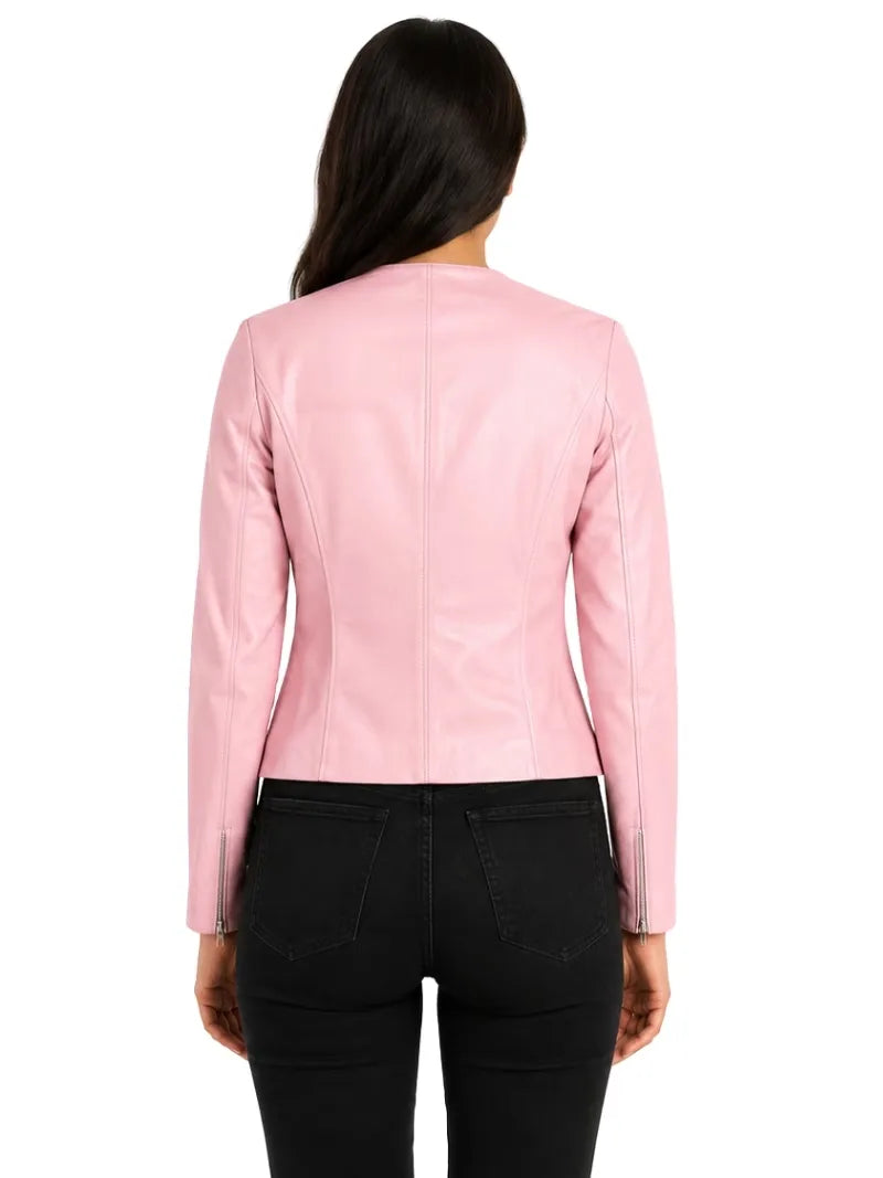Women's white sheepskin collarless leather jacket, worn on model
