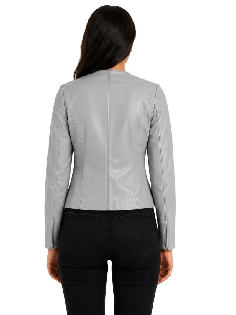 Women's white sheepskin collarless leather jacket, lining detail