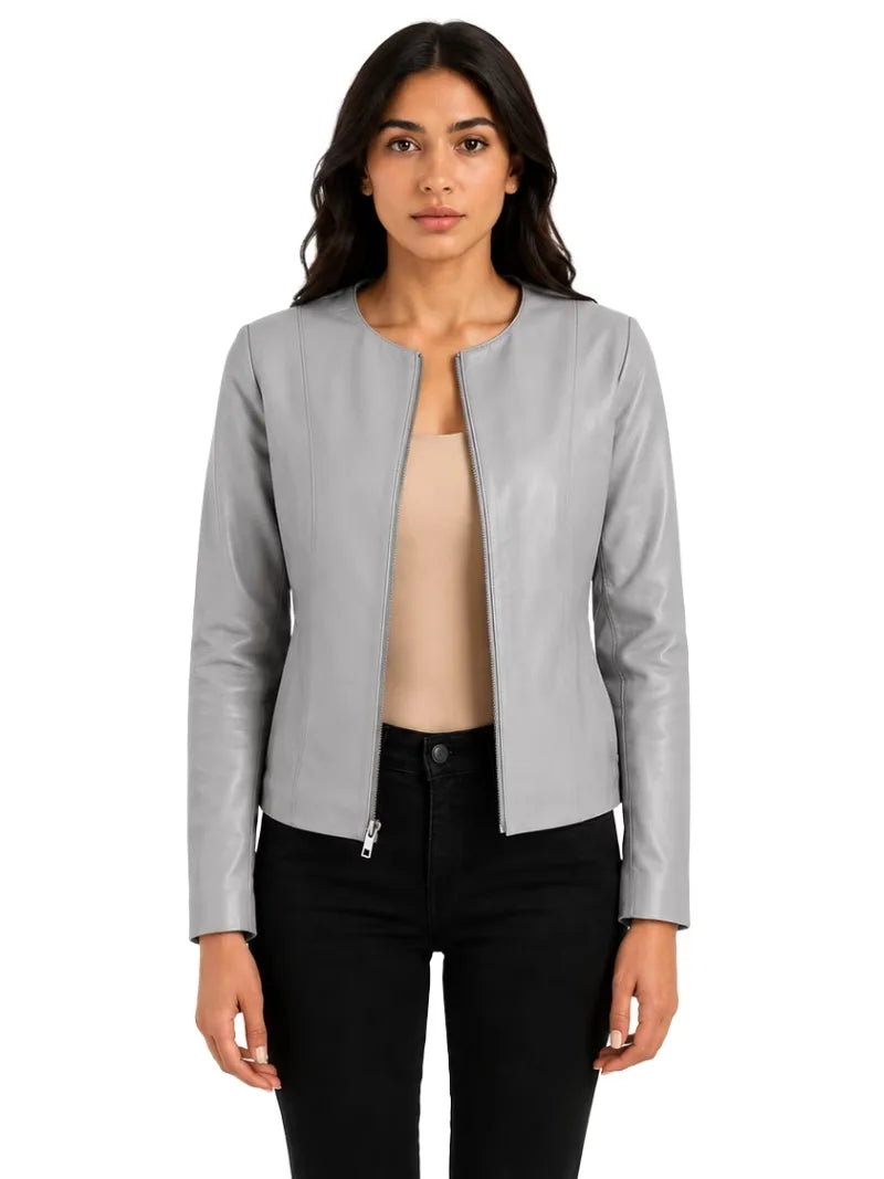 Women's white sheepskin collarless leather jacket, pocket detail
