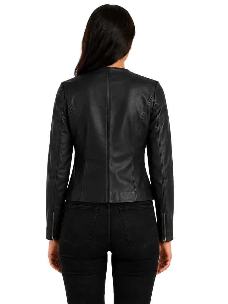 Women's white sheepskin collarless leather jacket, cuff detail
