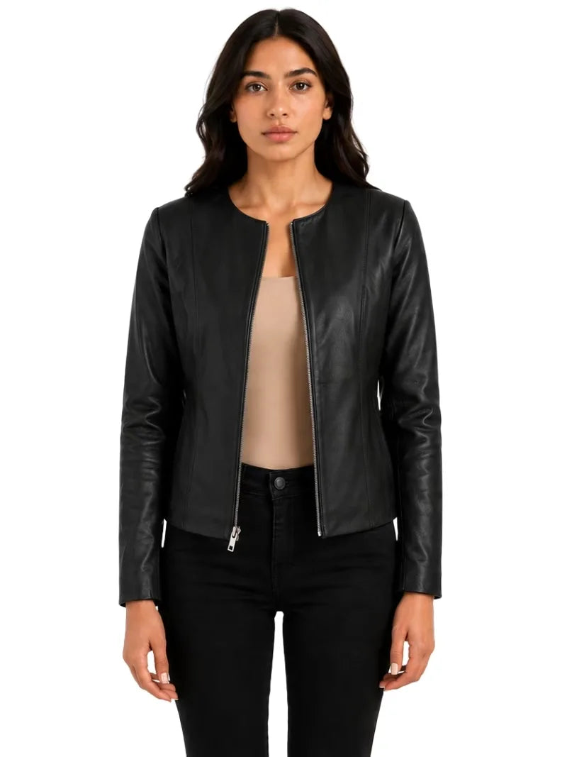 Women's white sheepskin collarless leather jacket, zip and closure detail