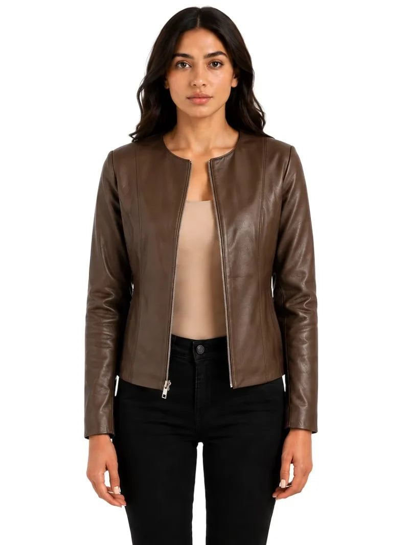 Women's white sheepskin collarless leather jacket, side view