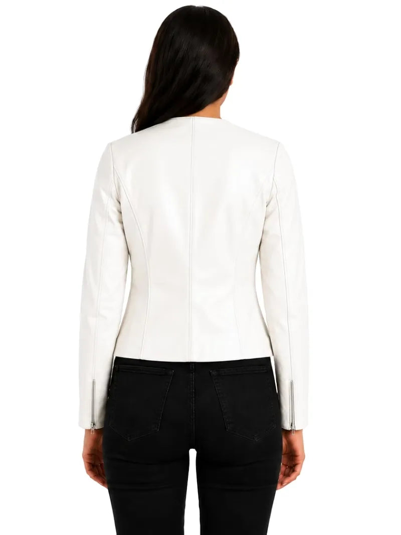 Women's white sheepskin collarless leather jacket, back view