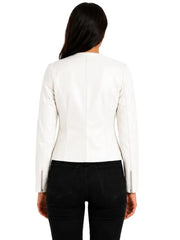Women's white sheepskin collarless leather jacket, back view