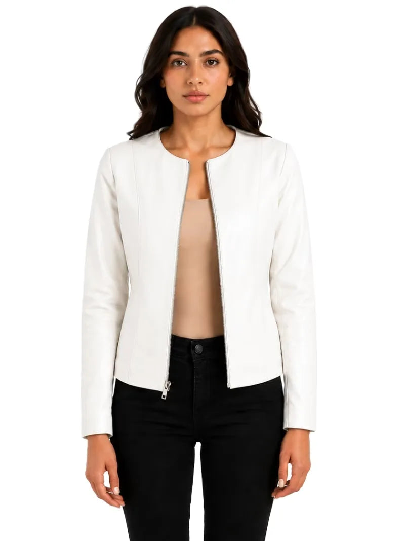 Women's white sheepskin collarless leather jacket, front view