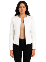 Women's white sheepskin collarless leather jacket, front view