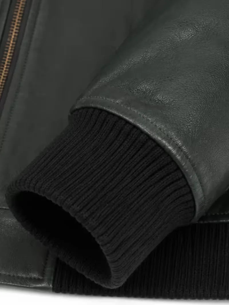 Women's dark green sheepskin leather jacket, cuff detail