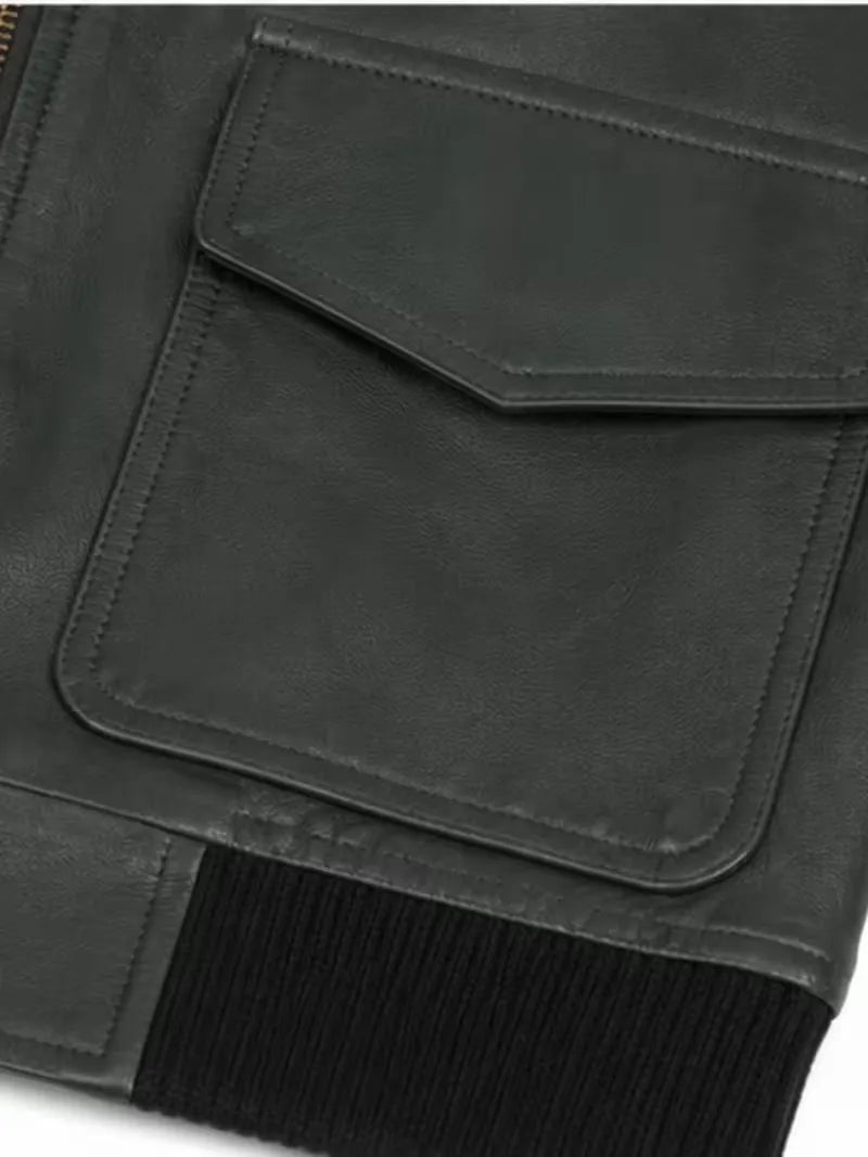 Women's dark green sheepskin leather jacket, zip and closure detail