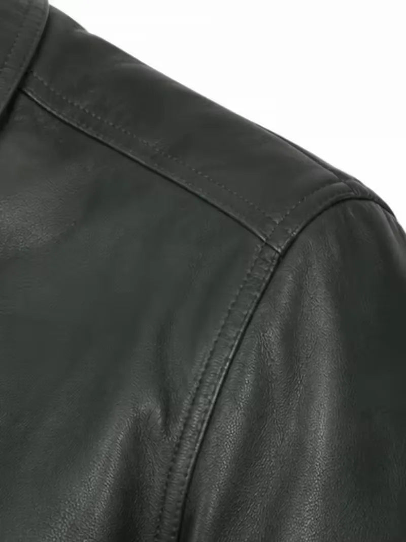 Women's dark green sheepskin leather jacket, collar detail