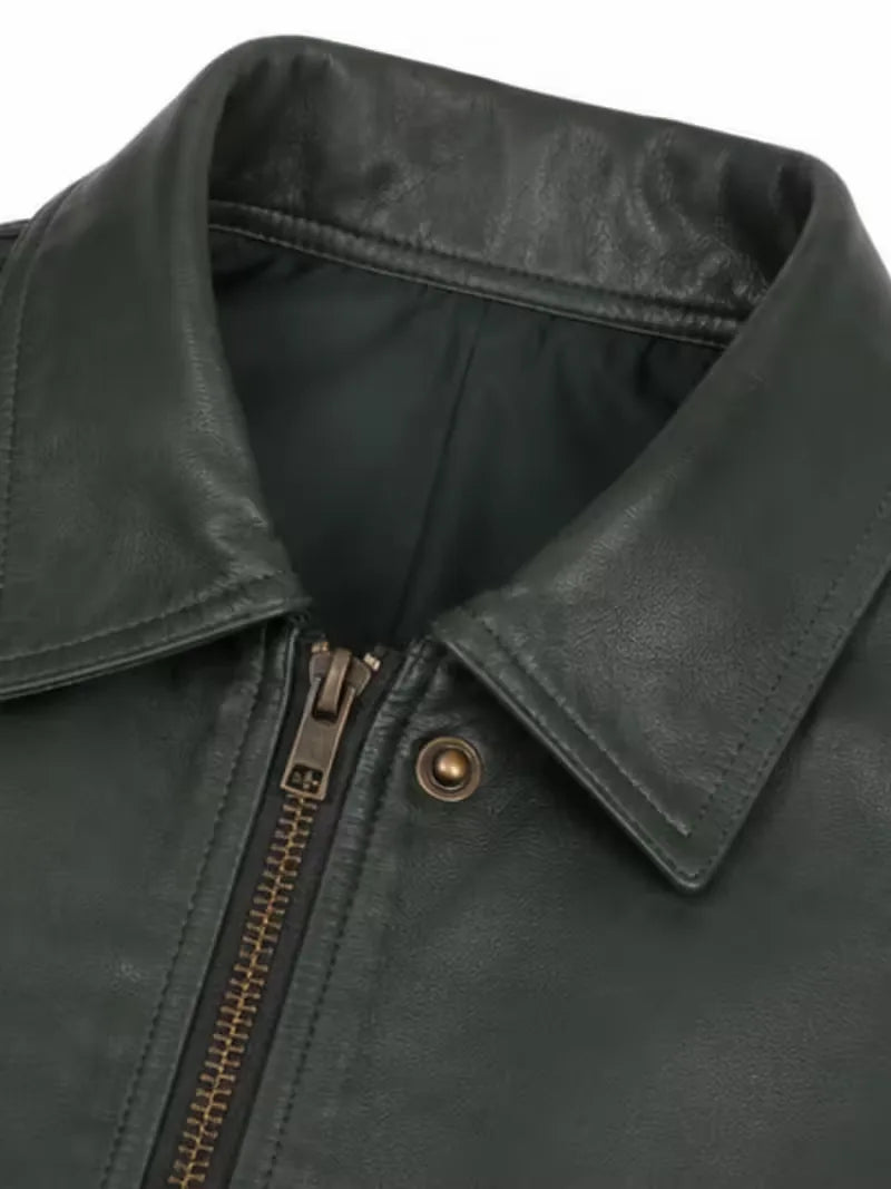 Women's dark green sheepskin leather jacket, side view