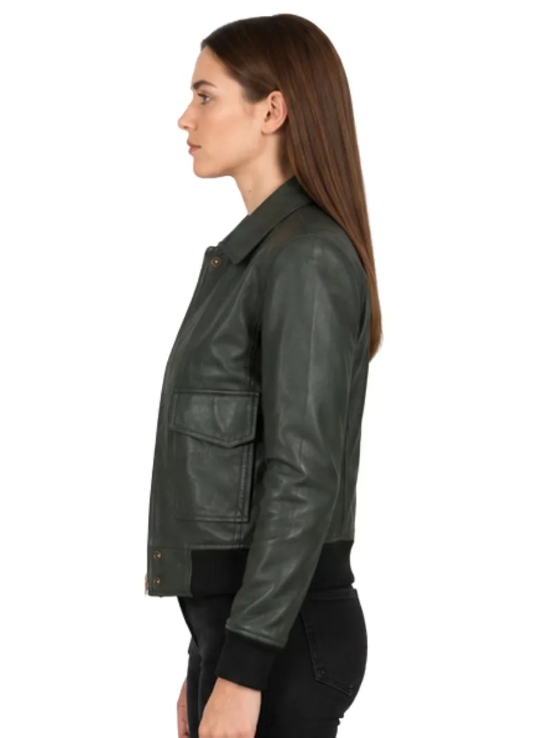 Women's dark green sheepskin leather jacket, lining detail