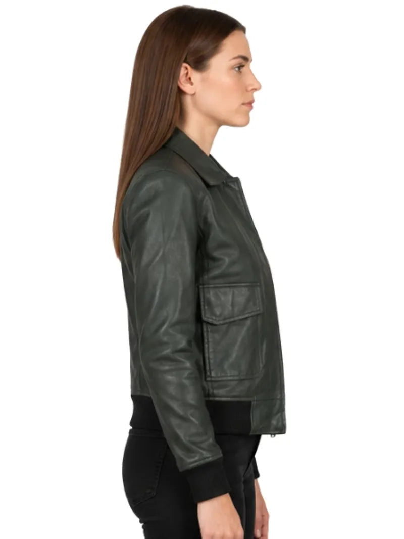 Women's dark green sheepskin leather jacket, pocket detail
