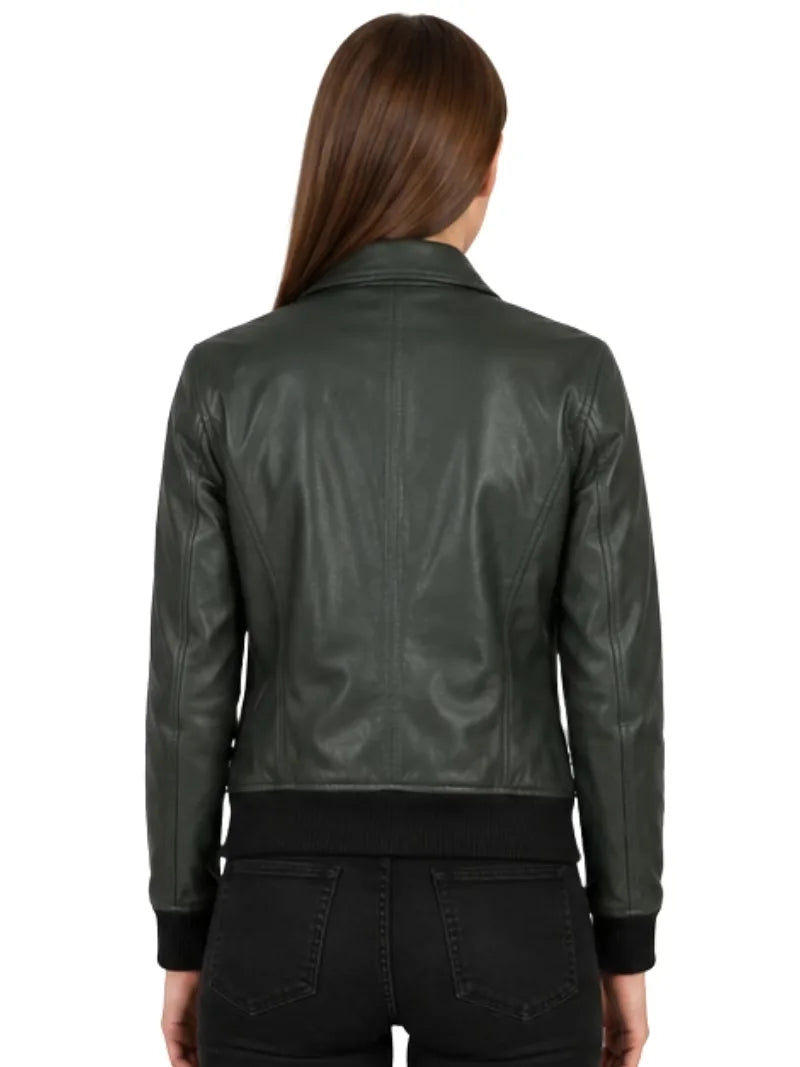 Women's dark green sheepskin leather jacket, back view