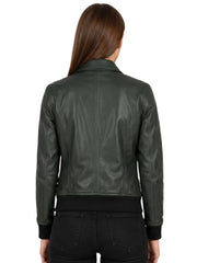 Women's dark green sheepskin leather jacket, back view