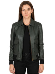 Women's dark green sheepskin leather jacket, front view