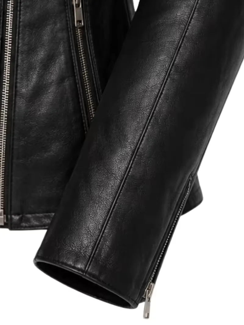 Women's black sheepskin leather biker jacket, lining detail