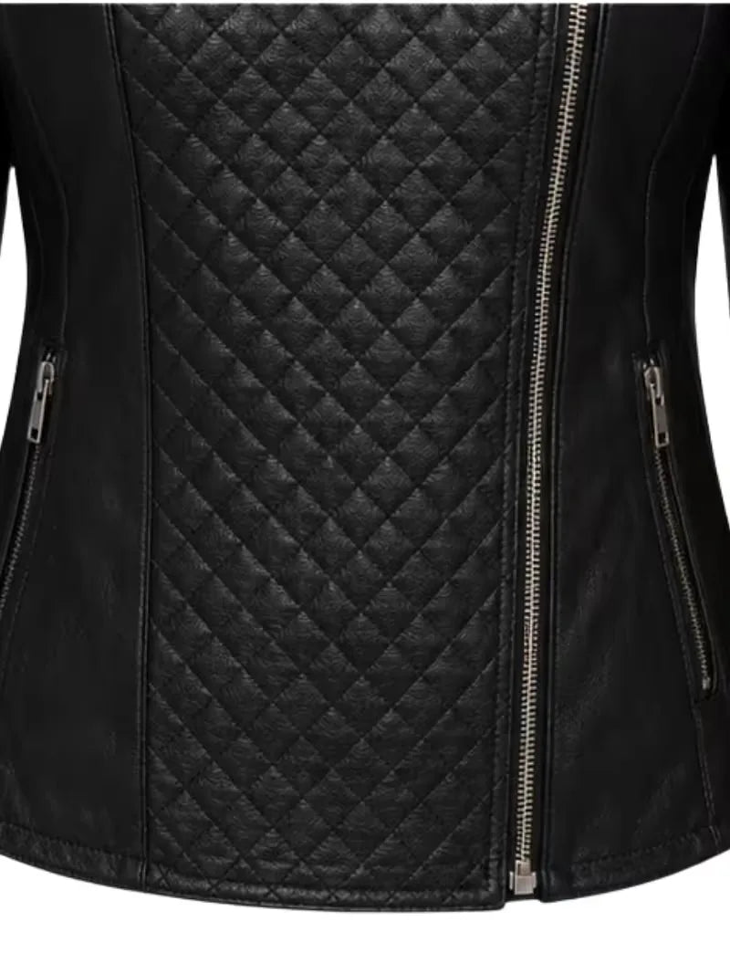 Women's black sheepskin leather biker jacket, pocket detail