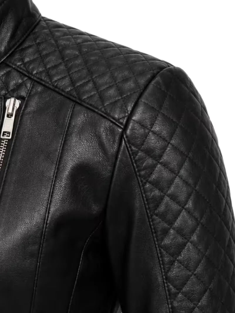 Women's black sheepskin leather biker jacket, cuff detail